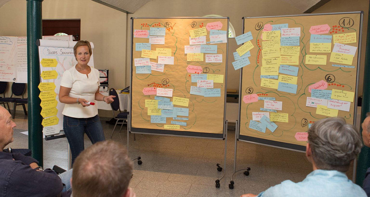 Sandra Kroning im Workshop vor Gruppe, im Fokus zwei Pinnwände dekoriert mit Karten.