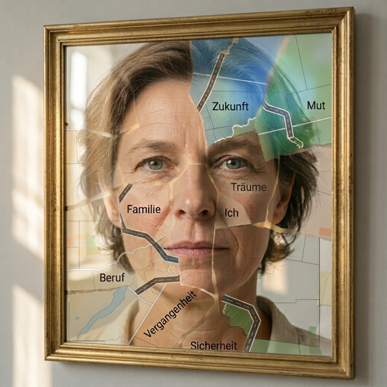 Goldener Rahmen an Wand, Bild ist eine Collage und zeigt ein Portrait wie ein Puzzle als Spiegelbild. Die Puzzleteile tragen eine Aufschrift zu inneren Themen.